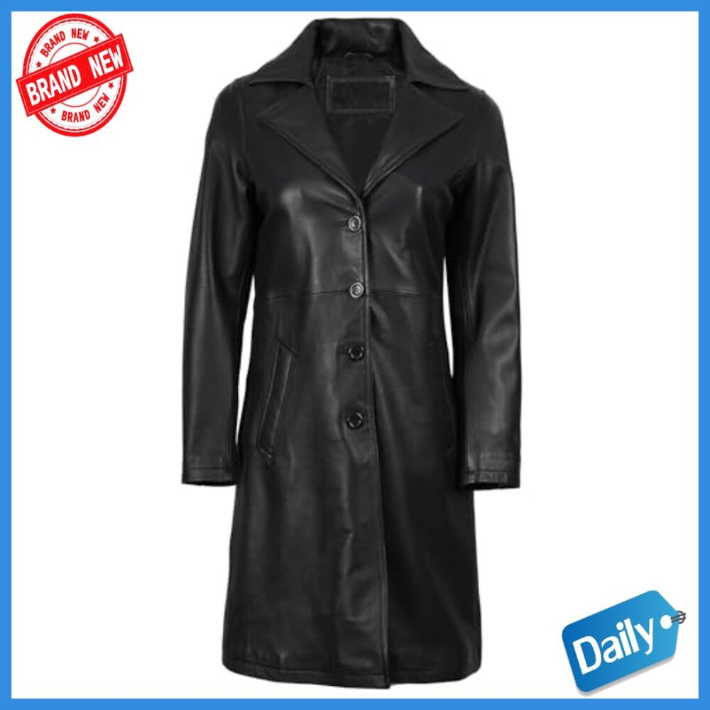Real Lambskin Leather Car Coat Long Trench Style Button Closure Pockets - Picture 3 of 6